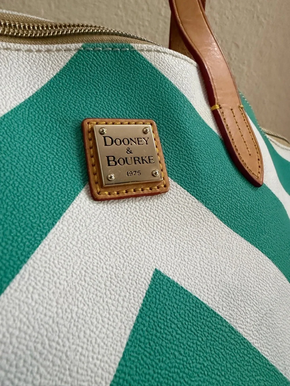 Dooney & Bourke Olivia Chevron Satchel Teal & White Stripes - Leather Top Handle - Picture 1 of 15